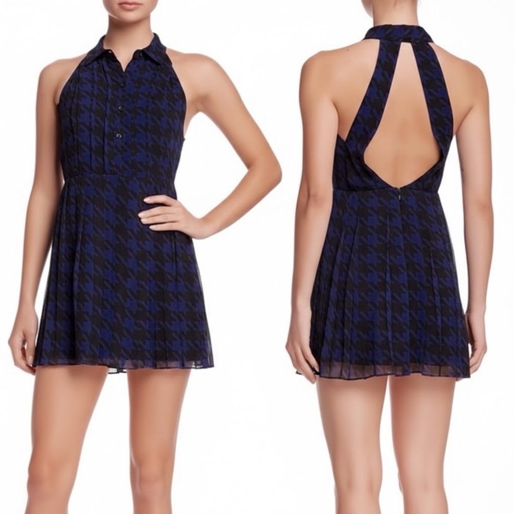 BCBGeneration Navy and Black Houndstooth Backless Dress